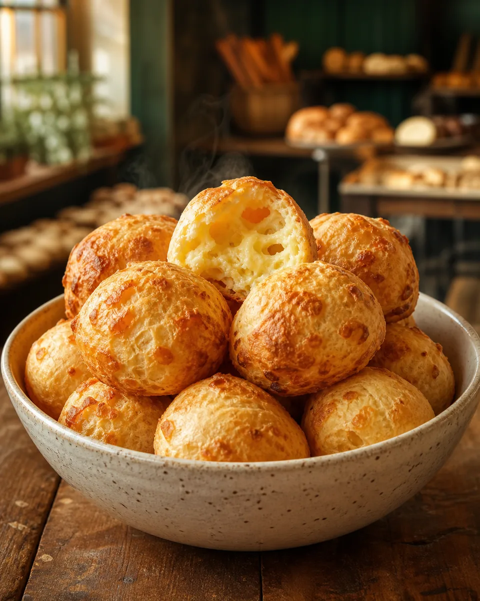 Pães de queijo dourados e recém-assados